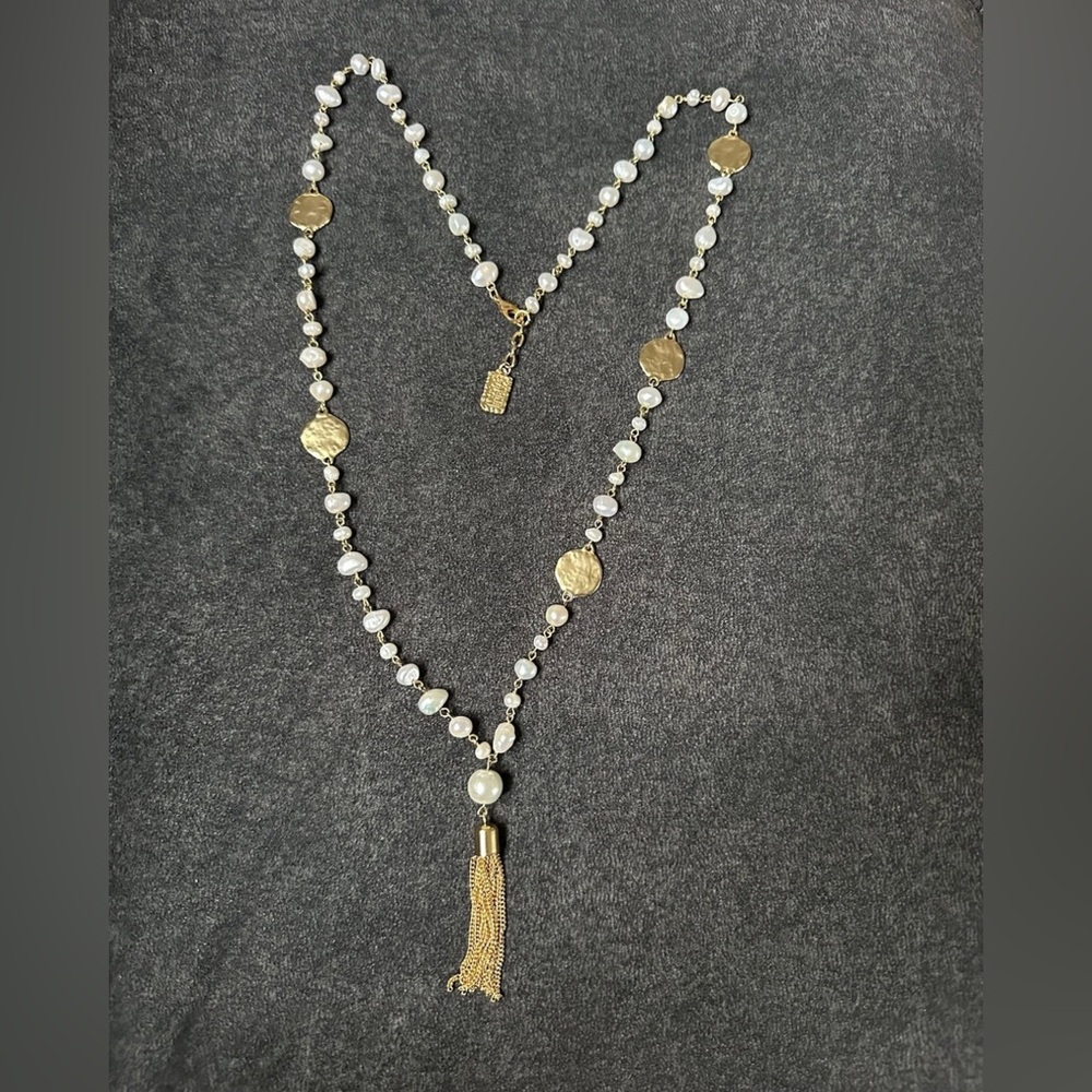 Designer Karine Sultan Freshwater Pearl Gold Tone Tassel Necklace - Picture 3 of 7